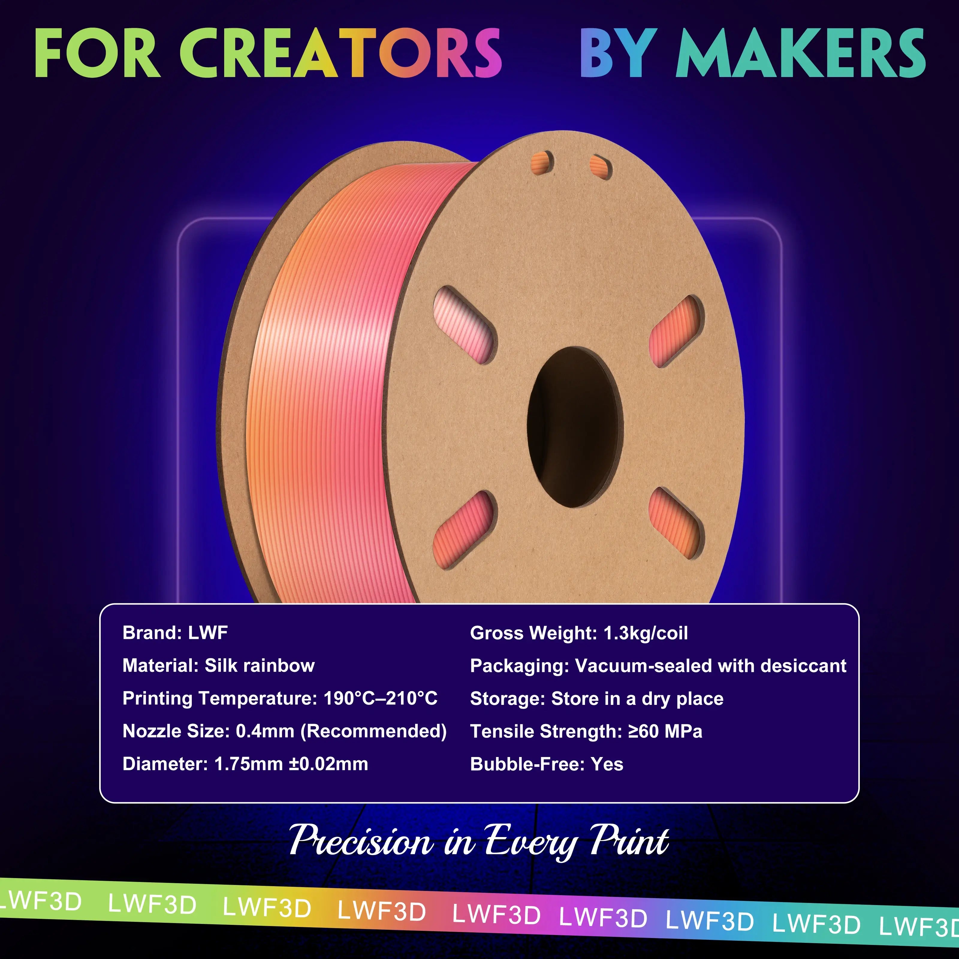 PLA Silk Rainbow 3D Printer Filament - 1.75mm