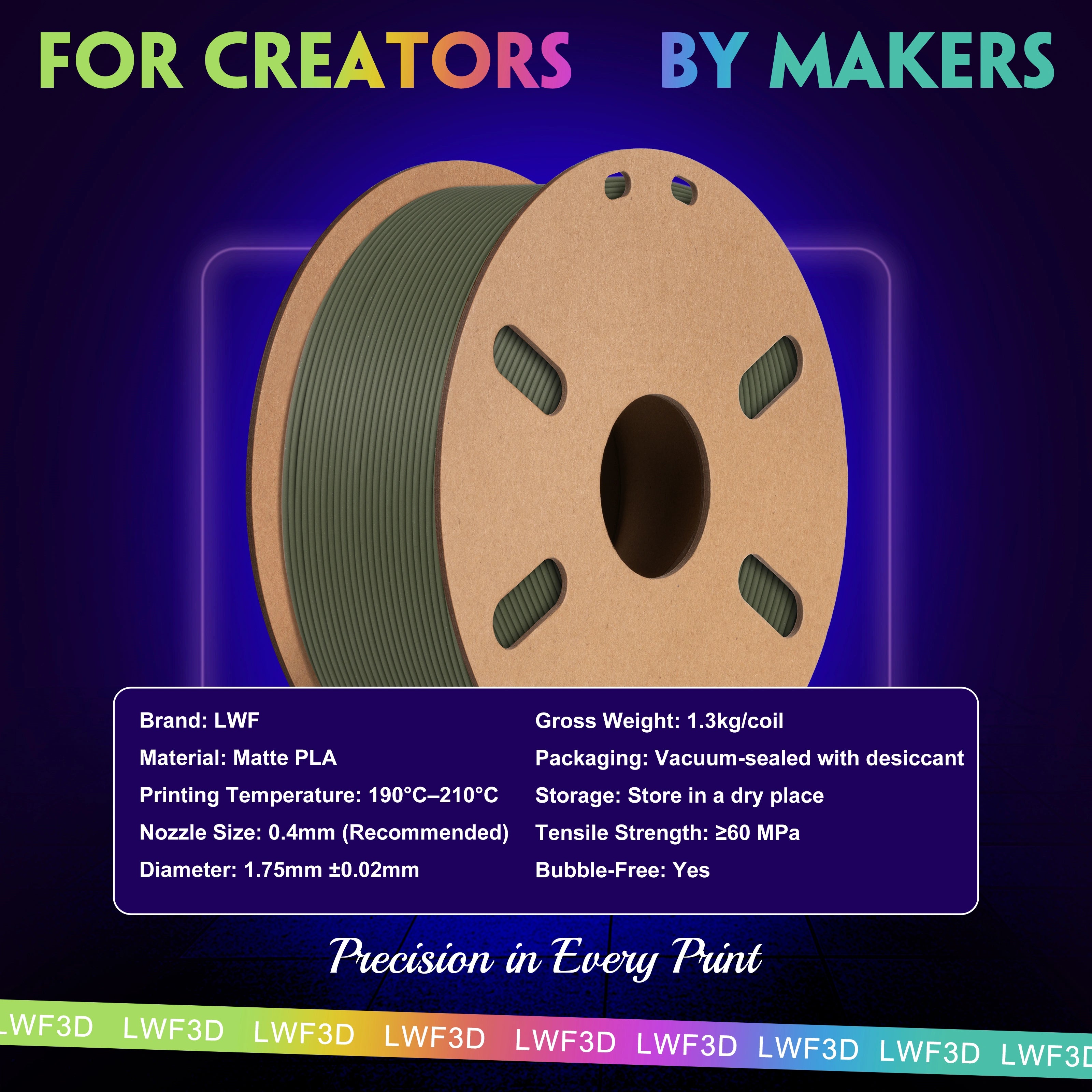 PLA Matte 3D Printer Filament Variety Pack (4 x 200g), 1.75mm